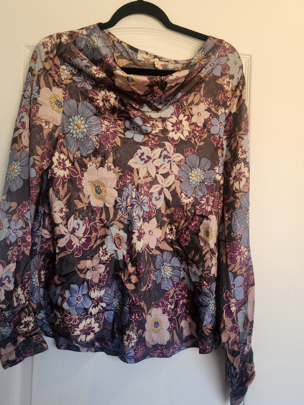 Mystree Floral Cowl Neck Top - Purple, Blue, Cream L BNWT